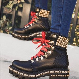 Black Chunky Platform Combat Booties Block Heel Ankle Boots